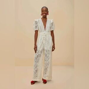 FARM RIO Off-White Palm Tree Eyelet Jumpsuit
